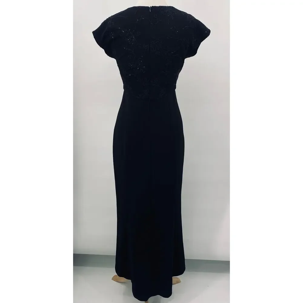 Vintage 90s Beaded Bodice Maxi Dress Knit Fitted Column Gown Empire Waist Black - Picture 5 of 8